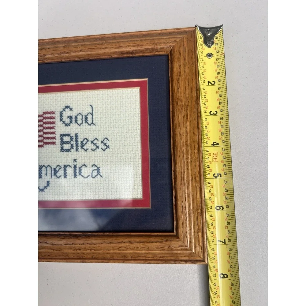 Handmade God Bless America Cross Stitch Framed Patriotic Flag Wall Art 9.5x7.5